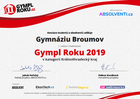 Fantazie nebo realita č. 1: Gymnázium Broumov je Gymnáziem roku 2019 Královéhradeckého kraje