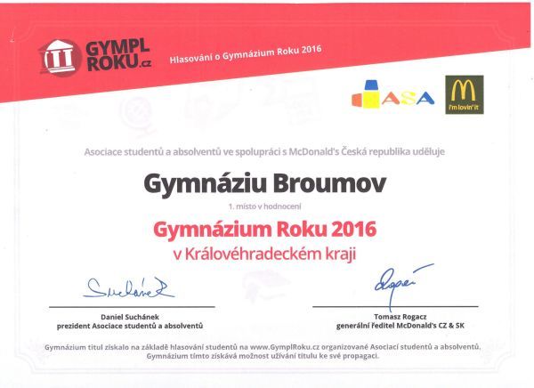 Gymnázium Broumov je Gymplem roku v kraji