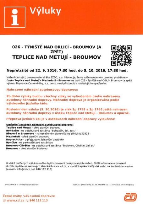 Dnes začala výluka traťové koleje v úseku Teplice nad Metují - Meziměstí - Broumov