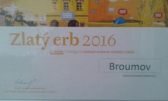 V soutěži o nejlepší webové stránky měst a obcí Zlatý erb 2016 Broumov nejlepší i v celorepublikovém měřítku