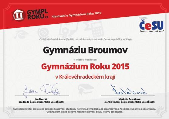 Hlasování studentů vyneslo Gymnázium Broumov opět nejvýše. Už potřetí