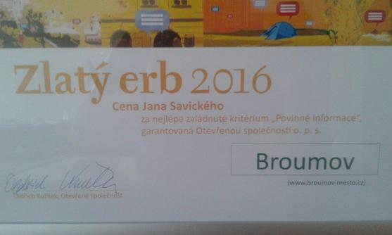 V soutěži o nejlepší webové stránky měst a obcí Zlatý erb 2016 Broumov nejlepší i v celorepublikovém měřítku
