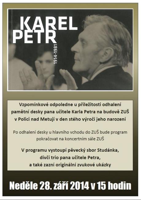 V Polici nad Metují odhalí pamětní desku učiteli hudby Karlu Petrovi 