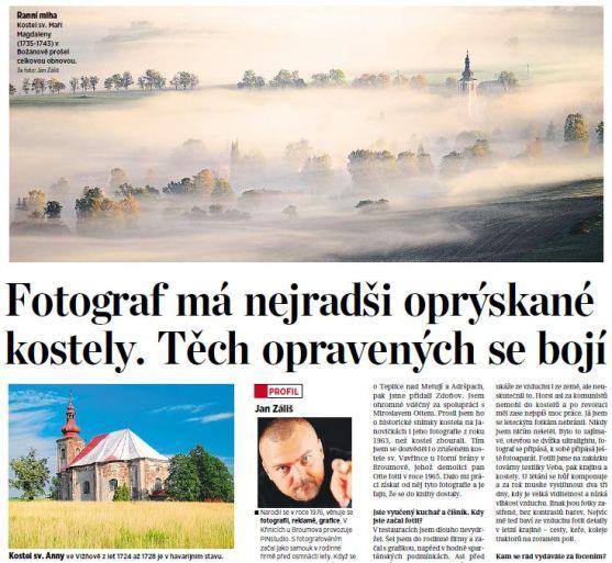 Deník MF Dnes věnoval stránku broumovskému fotografovi Janu Zálišovi
