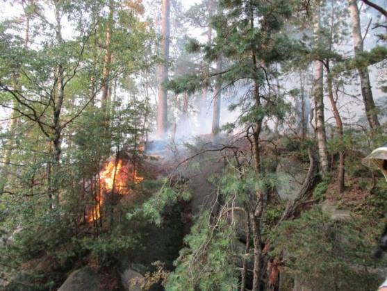 Hasiči dohašovali v Adršpachu požár hrabanky v těžko přístupném terénu