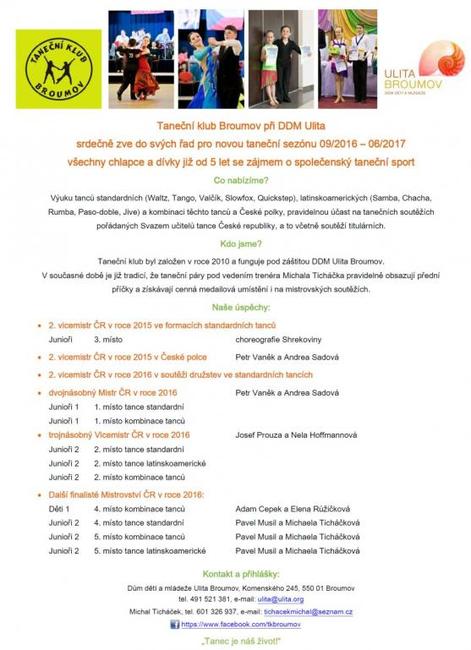 Taneční klub Broumov zve zájemce o tanec do svých řad 