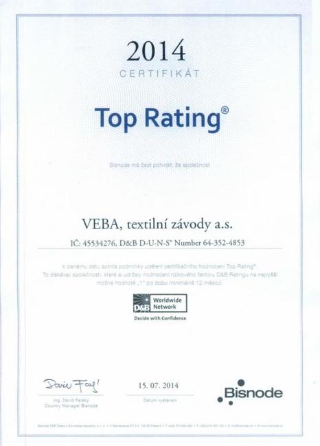 VEBA získala certifikát Top Rating od Dun & Bradstreet, potvrzující příslušnost do skupiny 2 % nejkvalitnějších firem 