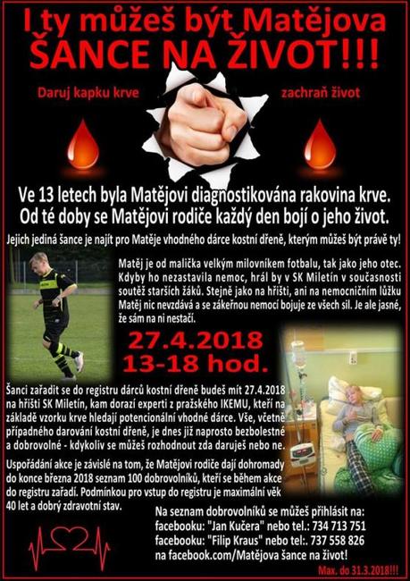 Třináctiletý Matěj potřebuje vhodného dárce kostní dřeně