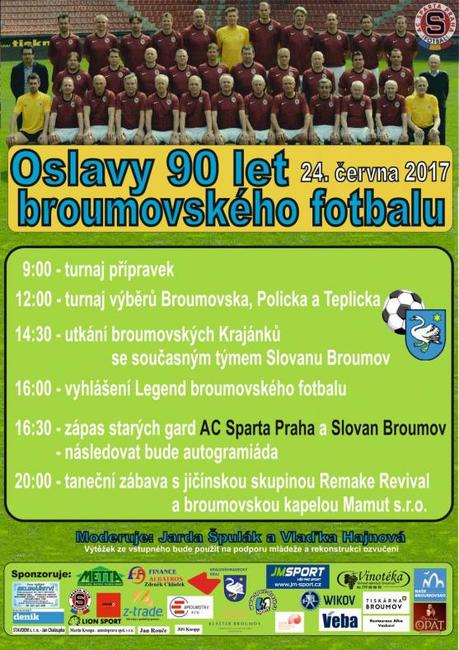 Fotbalový oddíl Slovan Broumov oslaví 90. výročí. Přijede Sparta, vyhlásí se legendy, program je připravený na celý den