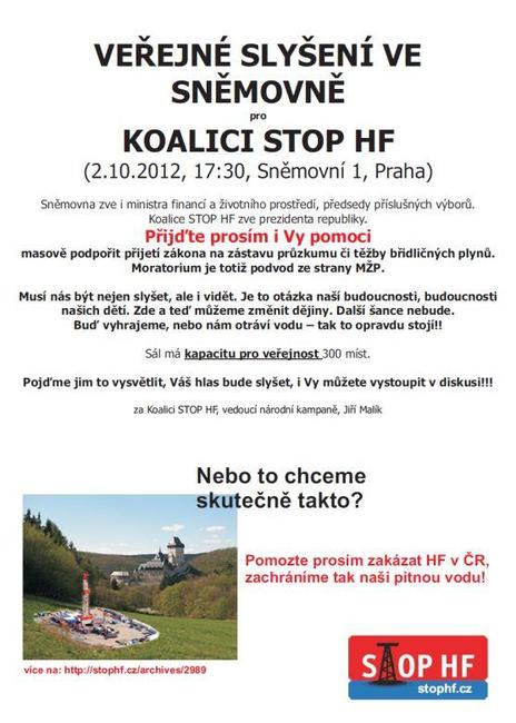 Koalice STOP HF se chystá na slyšení do Poslanecké sněmovny České republiky