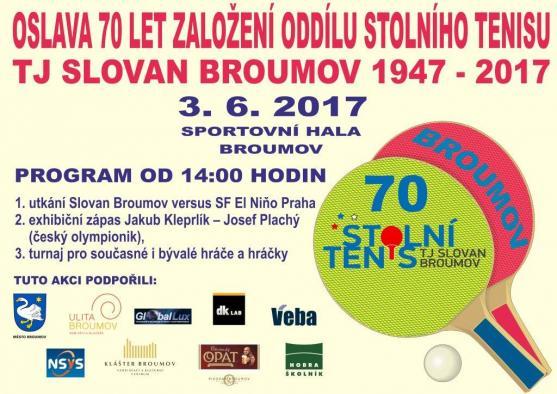 Oddíl stolního tenisu TJ Slovan Broumov si v letošním roce připomíná 70 let od založení v listopadu 1947