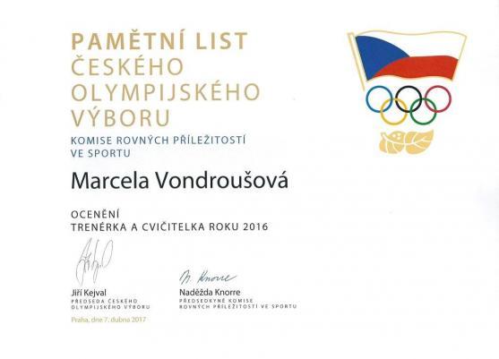 Marcela Vondroušová získala od Českého olympijského výboru ocenění Trenérka, cvičitelka roku 2016