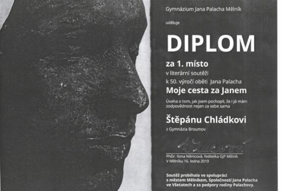 Celostátní literární soutěž Moje cesta za Janem: Nejlepší práce Štěpán Chládek z Gymnázia Broumov