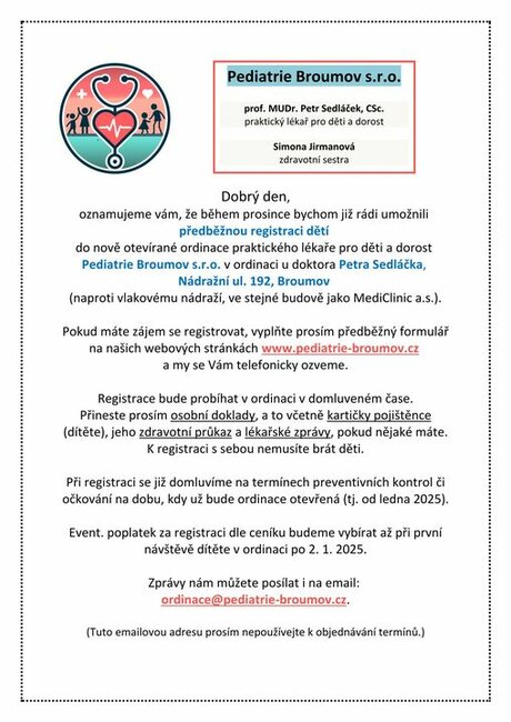 Pediatrická ordinace v Broumově otevřela registraci
