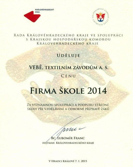 Veba převzala ocenění Firma škole 