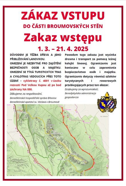 Uzavírka v Broumovských stěnách je prodloužena do dubna