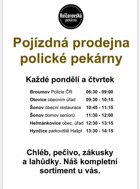 Do obcí na Broumovsku začala jezdit Kvíčerovská pekárna