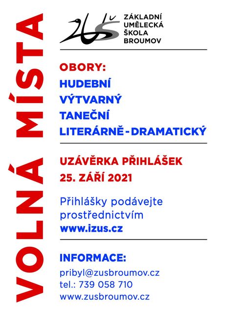 Volná místa ve všech oborech ZUŠ Broumov