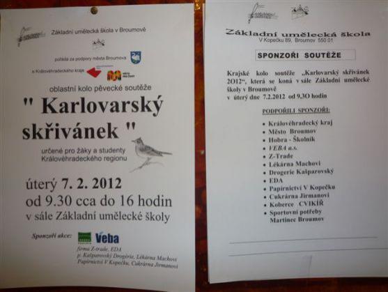 V oblastním kole soutěže Karlovarský skřivánek 2012 soutěžilo v Broumově 28 zpěváků